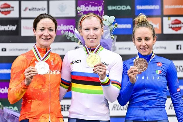 Dutch Marianne Vos, Dutch Lorena Wiebes and Italian Silvia Persico pictured on the podium after the women elite race at the UCI World Gravel Championships, Saturday 11 October 2025, in Maastricht, The Netherlands. DIRKxWAEM  x136530139x