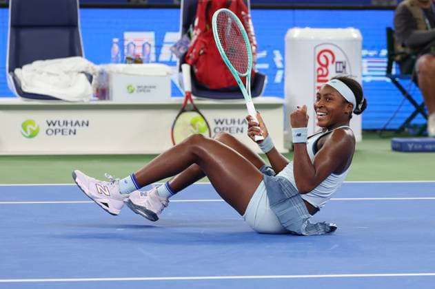 (251011) -- WUHAN, Oct. 11, 2025 -- Coco Gauff celebrates victory after the women s singles semifinal between Jasmine Paolini of Italy and Coco Gauff of the United States at the 2025 Wuhan Open tennis tournament in Wuhan, central China s Hubei Province, Oct. 11, 2025. ) (SP)CHINA-WUHAN-TENNIS-WUHAN OPEN-WOMEN S SINGLES (CN) BaixXuefei 