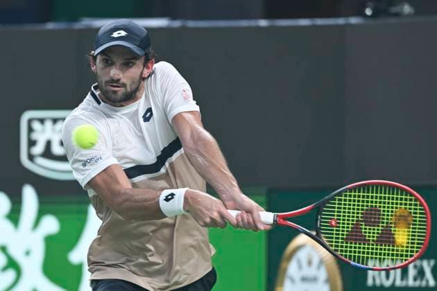 (251011) -- SHANGHAI, Oct. 11, 2025 -- Valentin Vacherot hits a return during the men s singles semifinal between Novak Djokovic of Serbia and Valentin Vacherot of Monaco at the ATP, Tennis Herren World Tour Shanghai Masters tennis tournament in Shanghai, east China, Oct. 11, 2025. ) (SP)CHINA-SHANGHAI-TENNIS-ATP TOUR-SHANGHAI MASTERS-MEN S SINGLES (CN) ChenxHaoming 