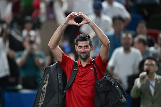 (251011) -- SHANGHAI, Oct. 11, 2025 -- Novak Djokovic gestures to spectators after the men s singles semifinal between Novak Djokovic of Serbia and Valentin Vacherot of Monaco at the ATP, Tennis Herren World Tour Shanghai Masters tennis tournament in Shanghai, east China, Oct. 11, 2025. ) (SP)CHINA-SHANGHAI-TENNIS-ATP TOUR-SHANGHAI MASTERS-MEN S SINGLES (CN) ChenxHaoming 