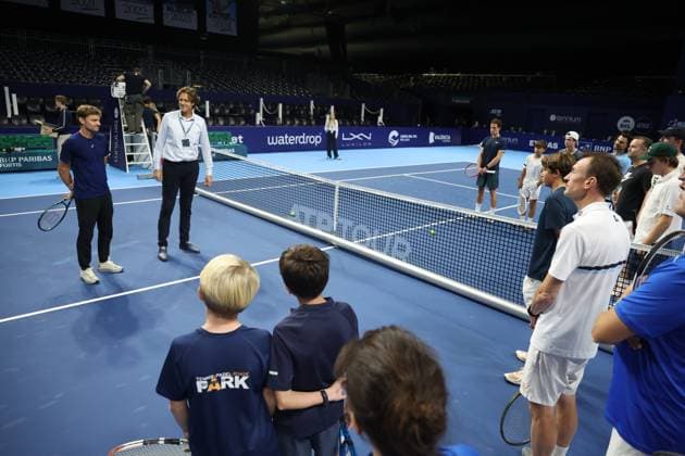 Artist Mathlide poses for the photographer when the players benches are presented, before the European Open ATP, Tennis Herren tennis tournament at the ING Arena Brussels Expo in Brussels, on Saturday 11 October 2025. The European Open will be played from 12 to 19 October 2025. VIRGINIExLEFOUR  x136534882x