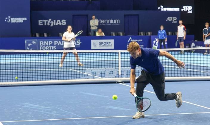 Belgian David Goffin pictured during a demonstration session at the European Open ATP, Tennis Herren tennis tournament at the ING Arena Brussels Expo in Brussels, on Saturday 11 October 2025. The European Open will be played from 12 to 19 October 2025. VIRGINIExLEFOUR  x136535052x