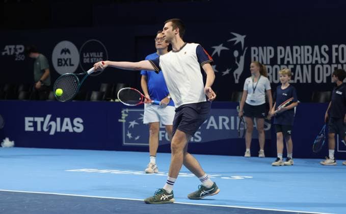 Participant pictured in action during a demonstration session at the European Open ATP, Tennis Herren tennis tournament at the ING Arena Brussels Expo in Brussels, on Saturday 11 October 2025. The European Open will be played from 12 to 19 October 2025. VIRGINIExLEFOUR  x136535174x