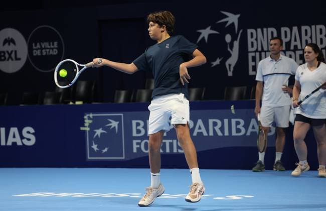 Participant pictured in action during a demonstration session at the European Open ATP, Tennis Herren tennis tournament at the ING Arena Brussels Expo in Brussels, on Saturday 11 October 2025. The European Open will be played from 12 to 19 October 2025. VIRGINIExLEFOUR  x136535189x