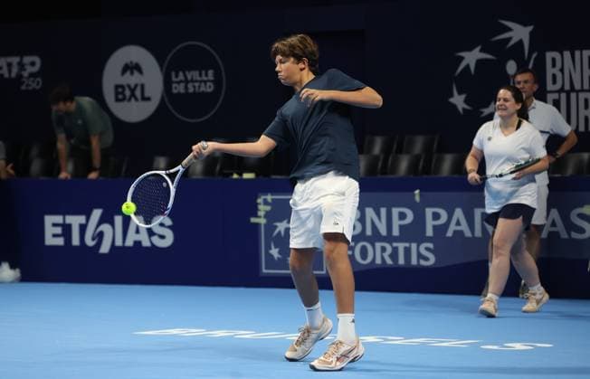 Participant pictured in action during a demonstration session at the European Open ATP, Tennis Herren tennis tournament at the ING Arena Brussels Expo in Brussels, on Saturday 11 October 2025. The European Open will be played from 12 to 19 October 2025. VIRGINIExLEFOUR  x136535206x