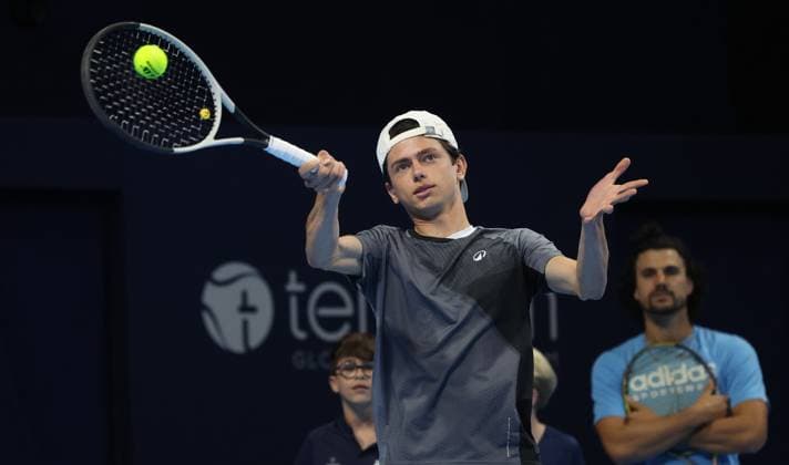 Participant pictured in action during a demonstration session at the European Open ATP, Tennis Herren tennis tournament at the ING Arena Brussels Expo in Brussels, on Saturday 11 October 2025. The European Open will be played from 12 to 19 October 2025. VIRGINIExLEFOUR  x136535211x