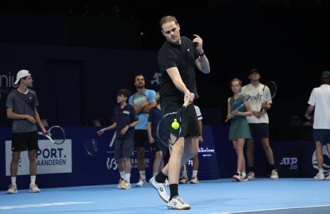 Participant pictured in action during a demonstration session at the European Open ATP, Tennis Herren tennis tournament at the ING Arena Brussels Expo in Brussels, on Saturday 11 October 2025. The European Open will be played from 12 to 19 October 2025. VIRGINIExLEFOUR  x136535228x