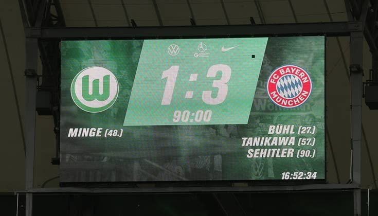 Scoreboard with final result 1 3 Soccer, Women, Season 2025 2026, 1 Liga, Google Pixel Women Bundesliga, VfL Wolfsburg vs FC Bayern Muenchen, 1 3 DFL REGULATIONS PROHIBIT ANY USE OF PHOTOGRAPHS AS IMAGE SEQUENCES AND OR QUASI VIDEO