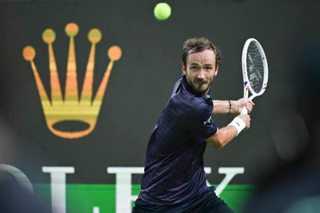 (251011) -- SHANGHAI, Oct. 11, 2025 -- Daniil Medvedev hits a return during the men s singles semifinal between Arthur Rinderknech of France and Daniil Medvedev of Russia at the ATP, Tennis Herren World Tour Shanghai Masters tennis tournament in Shanghai, east China, Oct. 11, 2025. ) (SP)CHINA-SHANGHAI-TENNIS-ATP TOUR-SHANGHAI MASTERS-MEN S SINGLES (CN) ChenxHaoming 