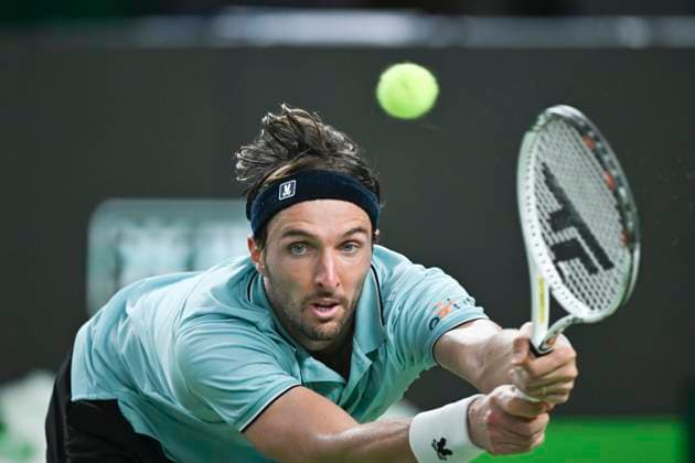 (251011) -- SHANGHAI, Oct. 11, 2025 -- Arthur Rinderknech hits a return during the men s singles semifinal between Arthur Rinderknech of France and Daniil Medvedev of Russia at the ATP, Tennis Herren World Tour Shanghai Masters tennis tournament in Shanghai, east China, Oct. 11, 2025. ) (SP)CHINA-SHANGHAI-TENNIS-ATP TOUR-SHANGHAI MASTERS-MEN S SINGLES (CN) ChenxHaoming 