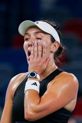 WUHAN, CHINA - OCTOBER 11: Jessica Pegula of the United States reacts in the Women s Singles Semifinal match against Aryna Sabalenka of Belarus on day 8 of 2025 Wuhan Open at Optics Valley International Tennis Center on October 11, 2025 in Wuhan, Hubei Province of China.  Copyright: xVCGx 111596588215