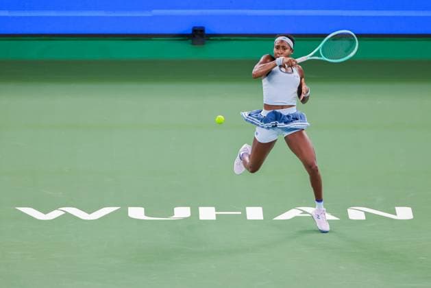 WUHAN, CHINA - OCTOBER 11: Coco Gauff of the United States returns a shot in the Women s Singles Semifinal match against Jasmine Paolini of Italy on day 8 of 2025 Wuhan Open at Optics Valley International Tennis Center on October 11, 2025 in Wuhan, Hubei Province of China.  Copyright: xVCGx 111596586937