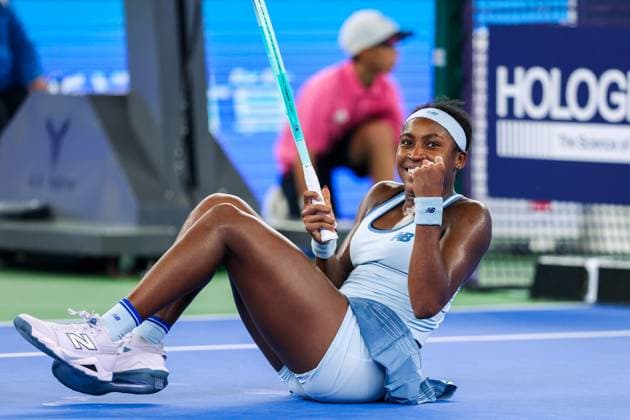 WUHAN, CHINA - OCTOBER 11: Coco Gauff of the United States celebrates after winning the Women s Singles Semifinal match against Jasmine Paolini of Italy on day 8 of 2025 Wuhan Open at Optics Valley International Tennis Center on October 11, 2025 in Wuhan, Hubei Province of China.  Copyright: xVCGx 111596586897