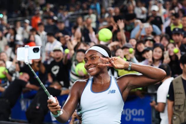 WUHAN, CHINA - OCTOBER 11: Coco Gauff of the United States takes a selfie with fans after the Women s Singles Semifinal match against Jasmine Paolini of Italy on day 8 of 2025 Wuhan Open at Optics Valley International Tennis Center on October 11, 2025 in Wuhan, Hubei Province of China.  Copyright: xVCGx 111596586780