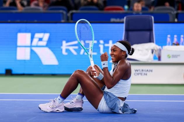 WUHAN, CHINA - OCTOBER 11: Coco Gauff of the United States celebrates after winning the Women s Singles Semifinal match against Jasmine Paolini of Italy on day 8 of 2025 Wuhan Open at Optics Valley International Tennis Center on October 11, 2025 in Wuhan, Hubei Province of China.  Copyright: xVCGx 111596586805