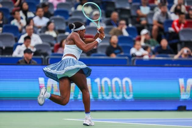 WUHAN, CHINA - OCTOBER 11: Coco Gauff of the United States returns a shot in the Women s Singles Semifinal match against Jasmine Paolini of Italy on day 8 of 2025 Wuhan Open at Optics Valley International Tennis Center on October 11, 2025 in Wuhan, Hubei Province of China.  Copyright: xVCGx 111596586753