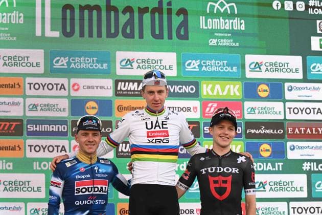 11-10-2025 Giro Di Lombardia; 2025, Uae Team Emirates - Xrg; 2025, Soudal - Quick Step; 2025, Tudor; Pogacar, Tadej; Evenepoel, Remco; Storer, Michale; Bergamo; 