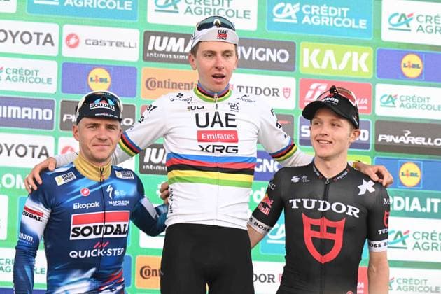 11-10-2025 Giro Di Lombardia; 2025, Uae Team Emirates - Xrg; 2025, Soudal - Quick Step; 2025, Tudor; Pogacar, Tadej; Evenepoel, Remco; Storer, Michale; Bergamo; 
