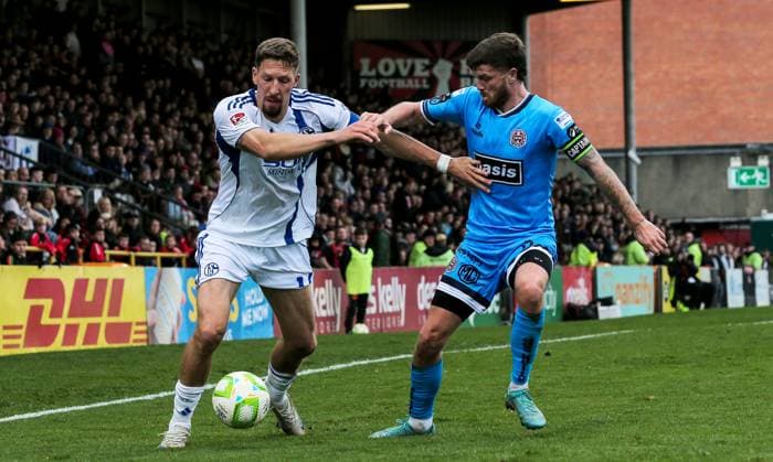 Club Friendly, Dalymount Park, Dublin 11 10 2025 Bohemians vs Schalke 04 Schalke s Janik Bachmann and Adam McDonnell of Bohemians Janik Bachmann and Adam McDonnell 11 10 2025  Copyright: x INPHO DanxClohessyx DC023740 copy