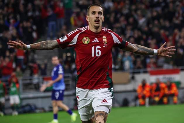 Football, Fussball, Armenia, Hungary, FIFA World Cup, WM, Weltmeisterschaft, Fussball 2026 Qualifyer Daniel Lukacs (HUN), goal celebration during 2026 FIFA World Cup Fussball, Football Qualifier Group F, football match between Hungary and Armenia on october 11., 2025 in Puskas Arà na, Hungary Zsombor Toth Budapest Puskas Arà na Pest Varmegye Hungary