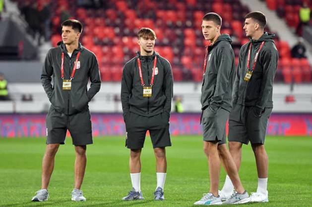 SERBIA vs ALBANIA VANJA DRAGOJEVIC, VASILIJE KOSTOV, OGNJEN UGRESIC, VELJKO MILOSAVLJEVIC, football players of Serbia, during the FIFA World Cup, WM, Weltmeisterschaft, Fussball qualification match against Albania, at Dubocica stadium. Leskovac, 11.10.2025. photo: FOOTBALL, SERBIA, ALBANIA, FIFA WORLD CUP QUALIFICATIONS MATCH Leskovac Dubocica stadium Serbia Copyright: xMarkoxMetlas xMNxPressx