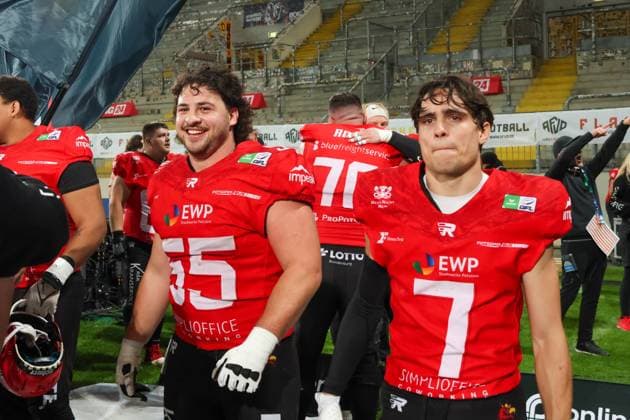 Tal Brill (Potsdam Royals, 55) and Milan Spiller (Potsdam Royals, 07) are happy, GFL Bowl 2025 , Dresden Monarchs vs Potsdam Royals, 2025_10_11 , Photo : Foot.Bowl Thomas Sobotzki Copyright: xFootxBowl ThomasxSobotzkix