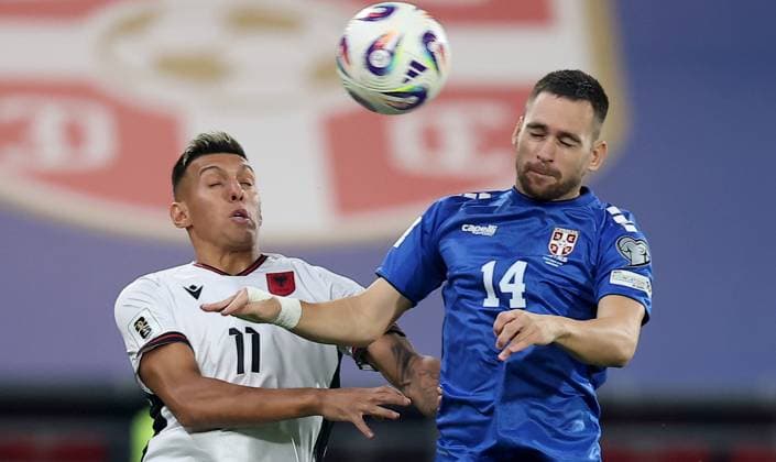 Serbia vs Albania, Group K World Cup 2026 European Qualifiers Leskovac, Serbia. 11th Oct, 2025. Serbia s Andrija Zivkovic (R) vies with Albania s Myrto Uzuni (L) during the Group K World Cup 2026 European Qualifiers football match between Serbia and Albania on October 11. 2025. in Leskovac, Serbia. Leskovac Serbia Copyright: xPedjaxMilosavljevic STARSPORTx