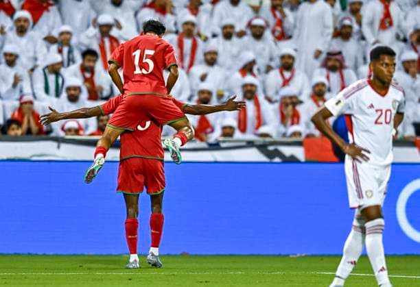 UNITED ARAB EMIRATES v OMAN-2026 FIFA World Cup, WM, Weltmeisterschaft, Fussball ASIAN QUALIFIER PLAYOFFS Players of Oman celebrate after scoring goal during the FIFA World Cup 2026 AFC Asian qualifiers playoffs group A match between United Arab Emirates and Oman at Jassim Bin Hamad Stadium in Doha, Qatar, on October 11, 2025. DOHA Qatar Copyright: xNOUSHADx