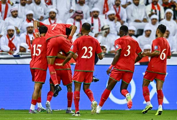 UNITED ARAB EMIRATES v OMAN-2026 FIFA World Cup, WM, Weltmeisterschaft, Fussball ASIAN QUALIFIER PLAYOFFS Players of Oman celebrate after scoring goal during the FIFA World Cup 2026 AFC Asian qualifiers playoffs group A match between United Arab Emirates and Oman at Jassim Bin Hamad Stadium in Doha, Qatar, on October 11, 2025. DOHA Qatar Copyright: xNOUSHADx