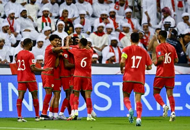 UNITED ARAB EMIRATES v OMAN-2026 FIFA World Cup, WM, Weltmeisterschaft, Fussball ASIAN QUALIFIER PLAYOFFS Players of Oman celebrate after scoring a goal during the FIFA World Cup 2026 AFC Asian qualifiers playoffs group A match between United Arab Emirates and Oman at Jassim Bin Hamad Stadium in Doha, Qatar, on October 11, 2025. DOHA Qatar Copyright: xNOUSHADx