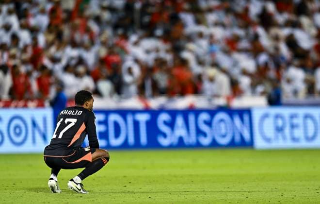 UNITED ARAB EMIRATES v OMAN-2026 FIFA World Cup, WM, Weltmeisterschaft, Fussball ASIAN QUALIFIER PLAYOFFS Khalid Eisa of United Arab Emirates reacts during the FIFA World Cup 2026 AFC Asian qualifiers playoffs group A match between United Arab Emirates and Oman at Jassim Bin Hamad Stadium in Doha, Qatar, on October 11, 2025. DOHA Qatar Copyright: xNOUSHADx
