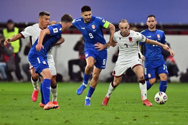 SERBIA vs ALBANIA MARIO MITAJ, football player of Albania, during the FIFA World Cup, WM, Weltmeisterschaft, Fussball qualification match against Serbia, and ALEKSANDAR MITROVIC, at Dubocica stadium. Leskovac, 11.10.2025. photo: Mladjan Ivanovic FOOTBALL, SERBIA, ALBANIA, FIFA WORLD CUP QUALIFICATIONS MATCH Leskovac Dubocica stadium Serbia Copyright: xMarkoxMetlas xMNxPressx