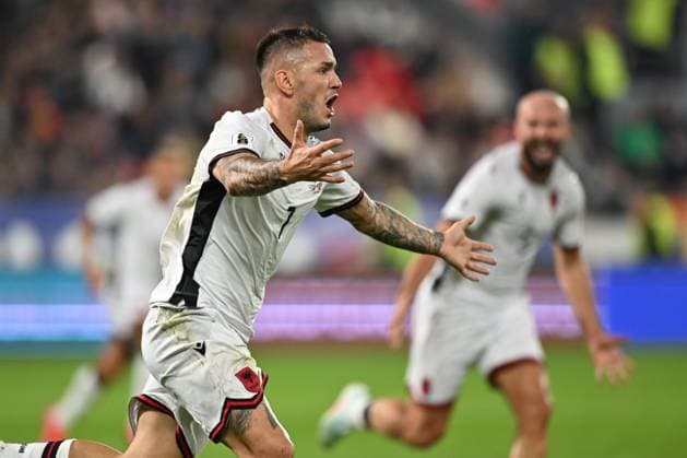 SERBIA vs ALBANIA REY MANAJ, football player of Albania, celebrate goal during the FIFA World Cup, WM, Weltmeisterschaft, Fussball qualification match against Serbia, at Dubocica stadium. Leskovac, 11.10.2025. photo: Mladjan Ivanovic FOOTBALL, SERBIA, ALBANIA, FIFA WORLD CUP QUALIFICATIONS MATCH Leskovac Dubocica stadium Serbia Copyright: xMarkoxMetlas xMNxPressx