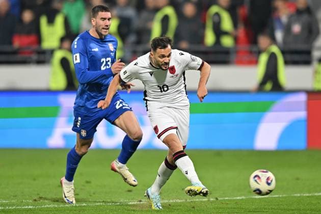 SERBIA vs ALBANIA NEDIM BAJRAMI, football player of Albania, during the FIFA World Cup, WM, Weltmeisterschaft, Fussball qualification match against Serbia, and DUSAN VLAHOVIC, at Dubocica stadium. Leskovac, 11.10.2025. photo: Mladjan Ivanovic FOOTBALL, SERBIA, ALBANIA, FIFA WORLD CUP QUALIFICATIONS MATCH Leskovac Dubocica stadium Serbia Copyright: xMarkoxMetlas xMNxPressx