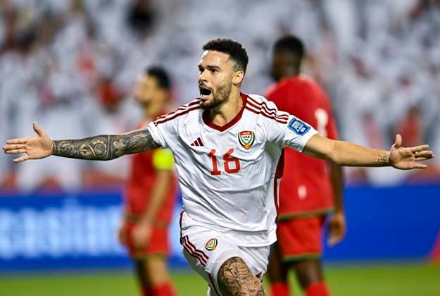 UNITED ARAB EMIRATES v OMAN-2026 FIFA World Cup, WM, Weltmeisterschaft, Fussball ASIAN QUALIFIER PLAYOFFS Marcus Vinicius of United Arab Emirates celebrates after scoring a goal during the FIFA World Cup 2026 AFC Asian qualifiers playoffs group A match between United Arab Emirates and Oman at Jassim Bin Hamad Stadium in Doha, Qatar, on October 11, 2025. DOHA Qatar Copyright: xNOUSHADx