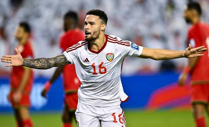 UNITED ARAB EMIRATES v OMAN-2026 FIFA World Cup, WM, Weltmeisterschaft, Fussball ASIAN QUALIFIER PLAYOFFS Marcus Vinicius of United Arab Emirates celebrates after scoring a goal during the FIFA World Cup 2026 AFC Asian qualifiers playoffs group A match between United Arab Emirates and Oman at Jassim Bin Hamad Stadium in Doha, Qatar, on October 11, 2025. DOHA Qatar Copyright: xNOUSHADx
