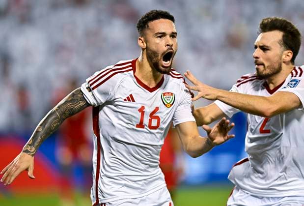 UNITED ARAB EMIRATES v OMAN-2026 FIFA World Cup, WM, Weltmeisterschaft, Fussball ASIAN QUALIFIER PLAYOFFS Marcus Vinicius (L) of United Arab Emirates celebrates after scoring a goal during the FIFA World Cup 2026 AFC Asian qualifiers playoffs group A match between United Arab Emirates and Oman at Jassim Bin Hamad Stadium in Doha, Qatar, on October 11, 2025. DOHA Qatar Copyright: xNOUSHADx