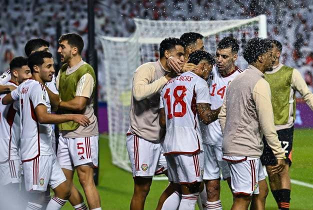 UNITED ARAB EMIRATES v OMAN-2026 FIFA World Cup, WM, Weltmeisterschaft, Fussball ASIAN QUALIFIER PLAYOFFS Players of United Arab Emirates celebrate a goal during the FIFA World Cup 2026 AFC Asian qualifiers playoffs group A match between United Arab Emirates and Oman at Jassim Bin Hamad Stadium in Doha, Qatar, on October 11, 2025. DOHA Qatar Copyright: xNOUSHADx