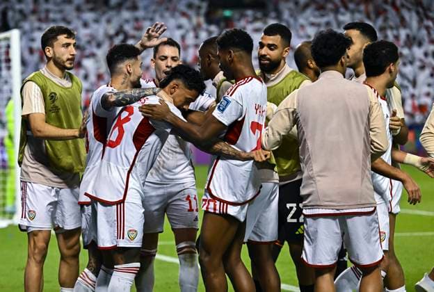 UNITED ARAB EMIRATES v OMAN-2026 FIFA World Cup, WM, Weltmeisterschaft, Fussball ASIAN QUALIFIER PLAYOFFS Caio Fernandes (3rd L) of United Arab Emirates celebrates after scoring a goal during the FIFA World Cup 2026 AFC Asian qualifiers playoffs group A match between United Arab Emirates and Oman at Jassim Bin Hamad Stadium in Doha, Qatar, on October 11, 2025. DOHA Qatar Copyright: xNOUSHADx