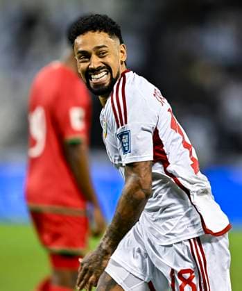UNITED ARAB EMIRATES v OMAN-2026 FIFA World Cup, WM, Weltmeisterschaft, Fussball ASIAN QUALIFIER PLAYOFFS Caio Fernandes of United Arab Emirates celebrates after scoring a goal during the FIFA World Cup 2026 AFC Asian qualifiers playoffs group A match between United Arab Emirates and Oman at Jassim Bin Hamad Stadium in Doha, Qatar, on October 11, 2025. DOHA Qatar Copyright: xNOUSHADx