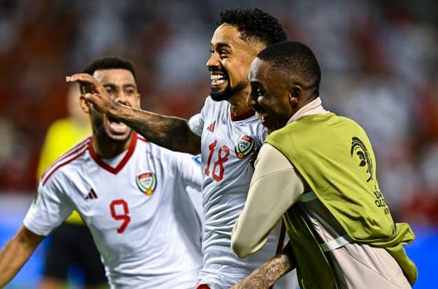 UNITED ARAB EMIRATES v OMAN-2026 FIFA World Cup, WM, Weltmeisterschaft, Fussball ASIAN QUALIFIER PLAYOFFS Caio Fernandes (C) of United Arab Emirates celebrates after scoring a goal during the FIFA World Cup 2026 AFC Asian qualifiers playoffs group A match between United Arab Emirates and Oman at Jassim Bin Hamad Stadium in Doha, Qatar, on October 11, 2025. DOHA Qatar Copyright: xNOUSHADx