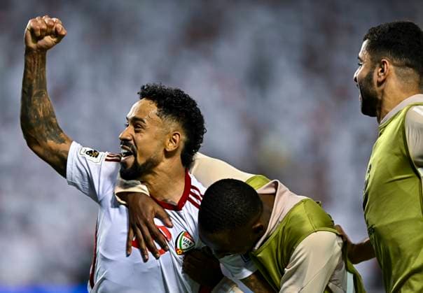 UNITED ARAB EMIRATES v OMAN-2026 FIFA World Cup, WM, Weltmeisterschaft, Fussball ASIAN QUALIFIER PLAYOFFS Caio Fernandes (L) of United Arab Emirates celebrates after scoring a goal during the FIFA World Cup 2026 AFC Asian qualifiers playoffs group A match between United Arab Emirates and Oman at Jassim Bin Hamad Stadium in Doha, Qatar, on October 11, 2025. DOHA Qatar Copyright: xNOUSHADx