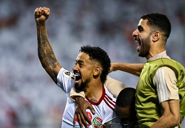 UNITED ARAB EMIRATES v OMAN-2026 FIFA World Cup, WM, Weltmeisterschaft, Fussball ASIAN QUALIFIER PLAYOFFS Caio Fernandes (L) of United Arab Emirates celebrates after scoring a goal during the FIFA World Cup 2026 AFC Asian qualifiers playoffs group A match between United Arab Emirates and Oman at Jassim Bin Hamad Stadium in Doha, Qatar, on October 11, 2025. DOHA Qatar Copyright: xNOUSHADx