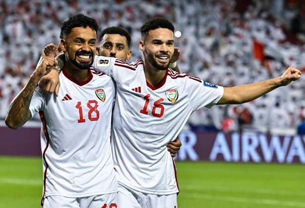 UNITED ARAB EMIRATES v OMAN-2026 FIFA World Cup, WM, Weltmeisterschaft, Fussball ASIAN QUALIFIER PLAYOFFS Caio Fernandes (L) of United Arab Emirates celebrating with teammate after scoring the goal during the FIFA World Cup 2026 AFC Asian qualifiers playoffs group A match between United Arab Emirates and Oman at Jassim Bin Hamad Stadium in Doha, Qatar, on October 11, 2025. DOHA Qatar Copyright: xNOUSHADx