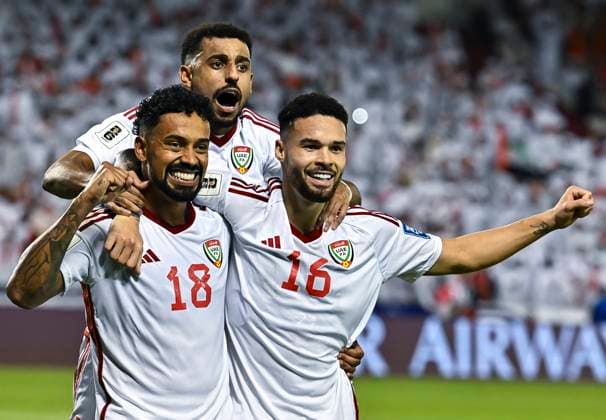 UNITED ARAB EMIRATES v OMAN-2026 FIFA World Cup, WM, Weltmeisterschaft, Fussball ASIAN QUALIFIER PLAYOFFS Caio Fernandes (L) of United Arab Emirates celebrating with teammate after scoring the goal during the FIFA World Cup 2026 AFC Asian qualifiers playoffs group A match between United Arab Emirates and Oman at Jassim Bin Hamad Stadium in Doha, Qatar, on October 11, 2025. DOHA Qatar Copyright: xNOUSHADx
