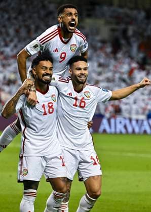 UNITED ARAB EMIRATES v OMAN-2026 FIFA World Cup, WM, Weltmeisterschaft, Fussball ASIAN QUALIFIER PLAYOFFS Caio Fernandes (L) of United Arab Emirates celebrating with teammate after scoring the goal during the FIFA World Cup 2026 AFC Asian qualifiers playoffs group A match between United Arab Emirates and Oman at Jassim Bin Hamad Stadium in Doha, Qatar, on October 11, 2025. DOHA Qatar Copyright: xNOUSHADx
