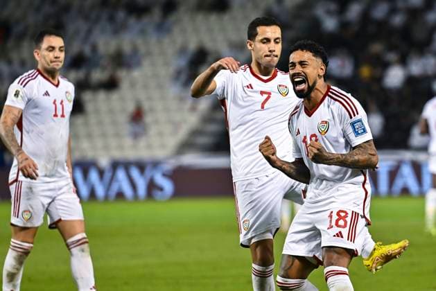 UNITED ARAB EMIRATES v OMAN-2026 FIFA World Cup, WM, Weltmeisterschaft, Fussball ASIAN QUALIFIER PLAYOFFS Caio Fernandes (R) of United Arab Emirates celebrating with teammate after scoring the goal during the FIFA World Cup 2026 AFC Asian qualifiers playoffs group A match between United Arab Emirates and Oman at Jassim Bin Hamad Stadium in Doha, Qatar, on October 11, 2025. DOHA Qatar Copyright: xNOUSHADx