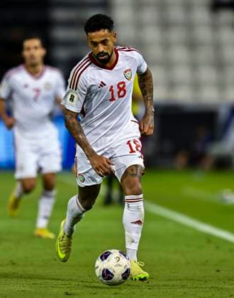 UNITED ARAB EMIRATES v OMAN-2026 FIFA World Cup, WM, Weltmeisterschaft, Fussball ASIAN QUALIFIER PLAYOFFS Caio Fernandes of United Arab Emirates in action during the FIFA World Cup 2026 AFC Asian qualifiers playoffs group A match between United Arab Emirates and Oman at Jassim Bin Hamad Stadium in Doha, Qatar, on October 11, 2025. DOHA Qatar Copyright: xNOUSHADx
