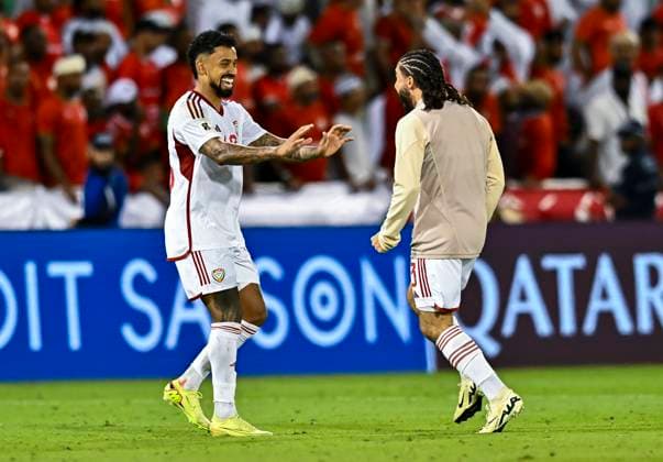 UNITED ARAB EMIRATES v OMAN-2026 FIFA World Cup, WM, Weltmeisterschaft, Fussball ASIAN QUALIFIER PLAYOFFS Caio Fernandes and Rik Jorgens of United Arab Emirates celebrate the win at the end of the FIFA World Cup 2026 AFC Asian qualifiers playoffs group A match between United Arab Emirates and Oman at Jassim Bin Hamad Stadium in Doha, Qatar, on October 11, 2025. DOHA Qatar Copyright: xNOUSHADx