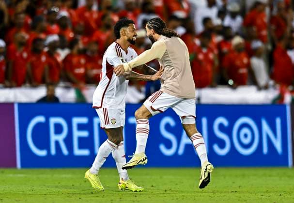 UNITED ARAB EMIRATES v OMAN-2026 FIFA World Cup, WM, Weltmeisterschaft, Fussball ASIAN QUALIFIER PLAYOFFS Caio Fernandes and Rik Jorgens of United Arab Emirates celebrate the win at the end of the FIFA World Cup 2026 AFC Asian qualifiers playoffs group A match between United Arab Emirates and Oman at Jassim Bin Hamad Stadium in Doha, Qatar, on October 11, 2025. DOHA Qatar Copyright: xNOUSHADx